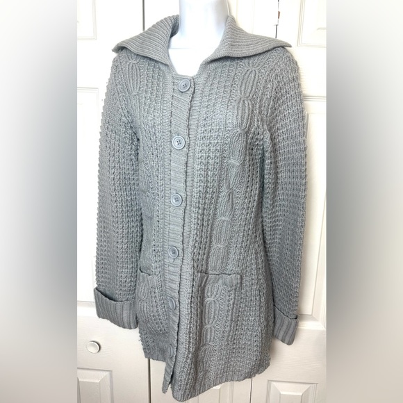 CAbi 346 100% Wool Cardigan Sweater Gray Chunky Cable Knit Pockets Long Length - Picture 8 of 8